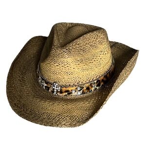 Leopard Accent Straw Cowboy Hat